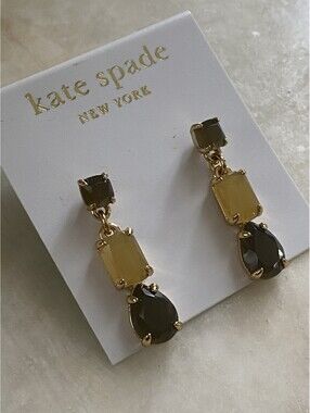 Kate Spade New York Drop Earrings Gold Tone Yellow Olive Green Stones NWT